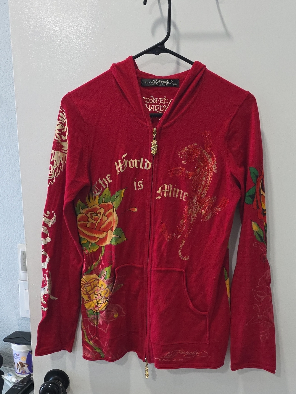 Ed Hardy Red Zip-Front Hoodie Jacket with Floral & Leopard Graphics